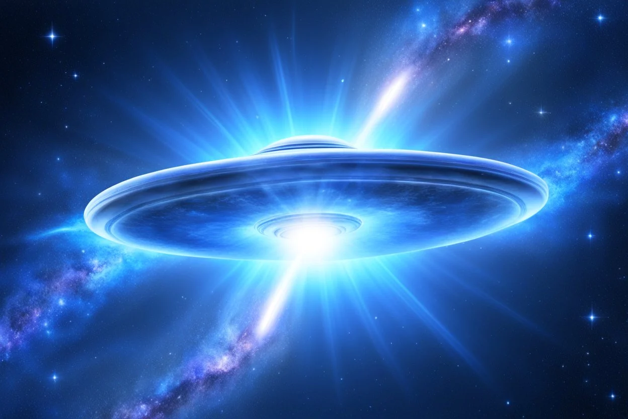 a flying saucer of light is flying in a special galactic bright light blue galaxy