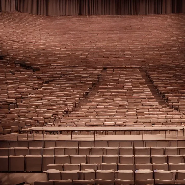 on a huge stage of an auditorium, under the bright spotilght, stands a tiny empty wooden chair