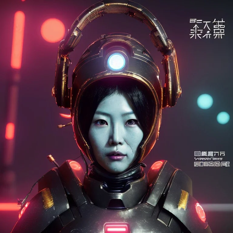 Japanese cyber woman, sci-fi, rounded face, blood, black, gold, brown, samurai helmet, decorative color feathers, retro, simetric, circuits, neon style, a lot of led lights, fog, rain, leather, vibrant color, highly detailed, art stations, concept art, smooth, unreal engine 5, god rays, ray tracing, RTX, lumen lighting, ultra detail, volumetric lighting, 3d, finely drawn, high definition, high resolution.