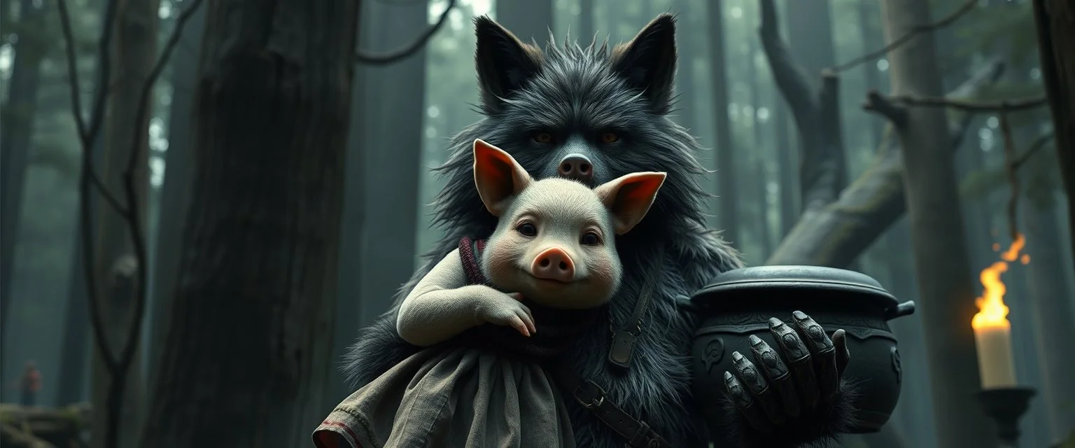 bad hairy chest wolf carrying a lovely scared wtf are you up to, Korean pig girl with dress under his arms, big cauldron in the background in the style of fallout 4, in magical black forest