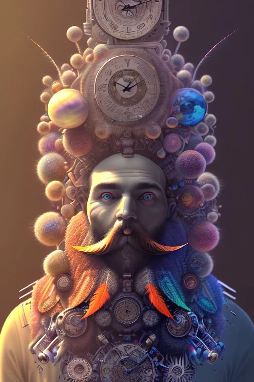 bearded man head with feathers, spheres, cubes, gears, clocks, engine parts, exhaust pipes, fur, peacock feathers, mechanism, in the style of Android Jones, gradient, bioluminescent, rococo, photorealistic, intricate details, 8k, purple and gold, digital painting, top light, illustration, trending on artstation