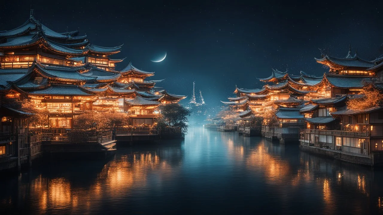 dream world, Japanese city harbour, calm beauty, fantasy world, magic, night, darkness, moonlight, starlight, splendor, uplifting, inspiring, therapeutic, chiaroscuro, color, award-winning colour photograph, beautiful composition, Nikon 135mm