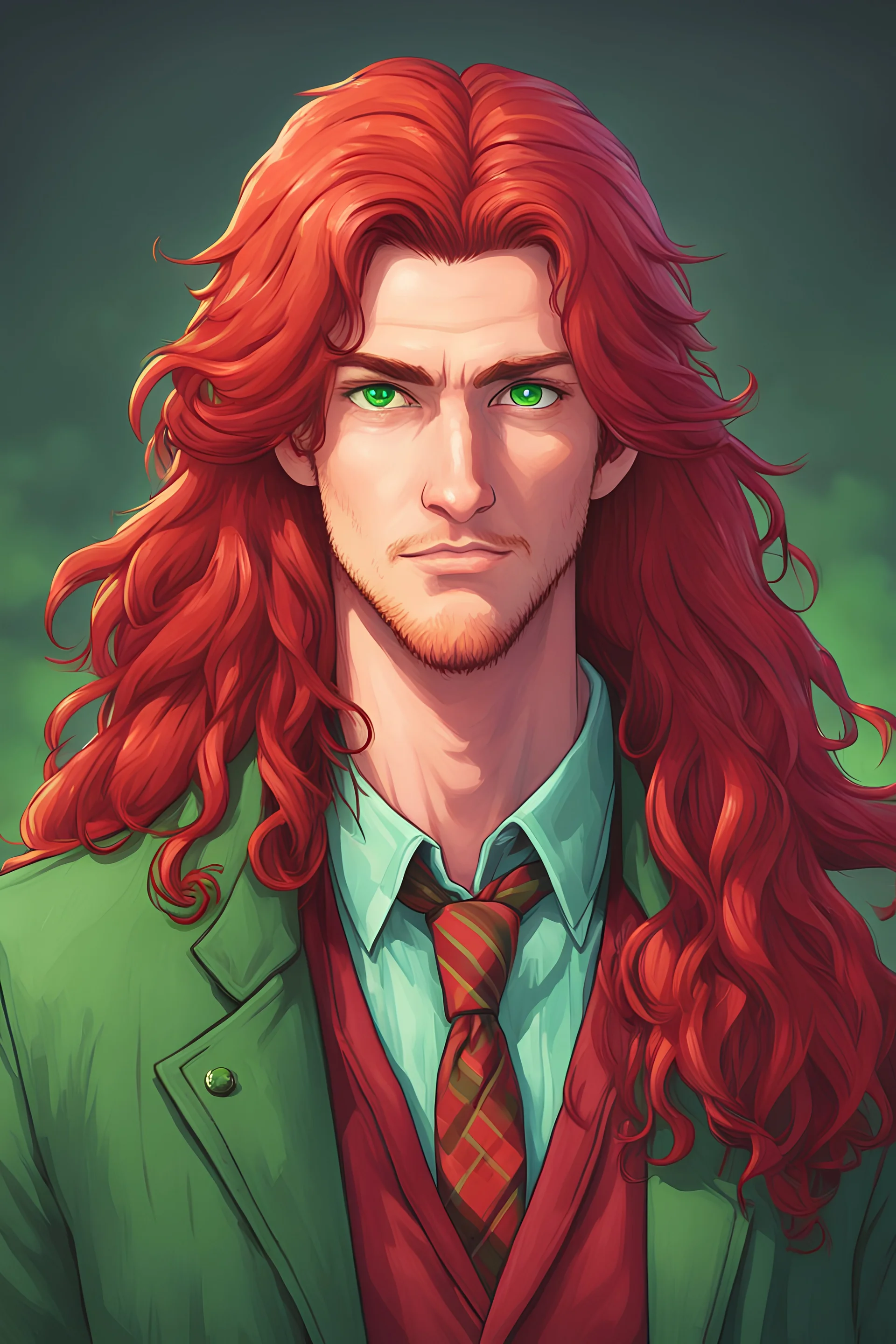 man, long red hair, long red jacket with green tie, green eyes, stardew valley style