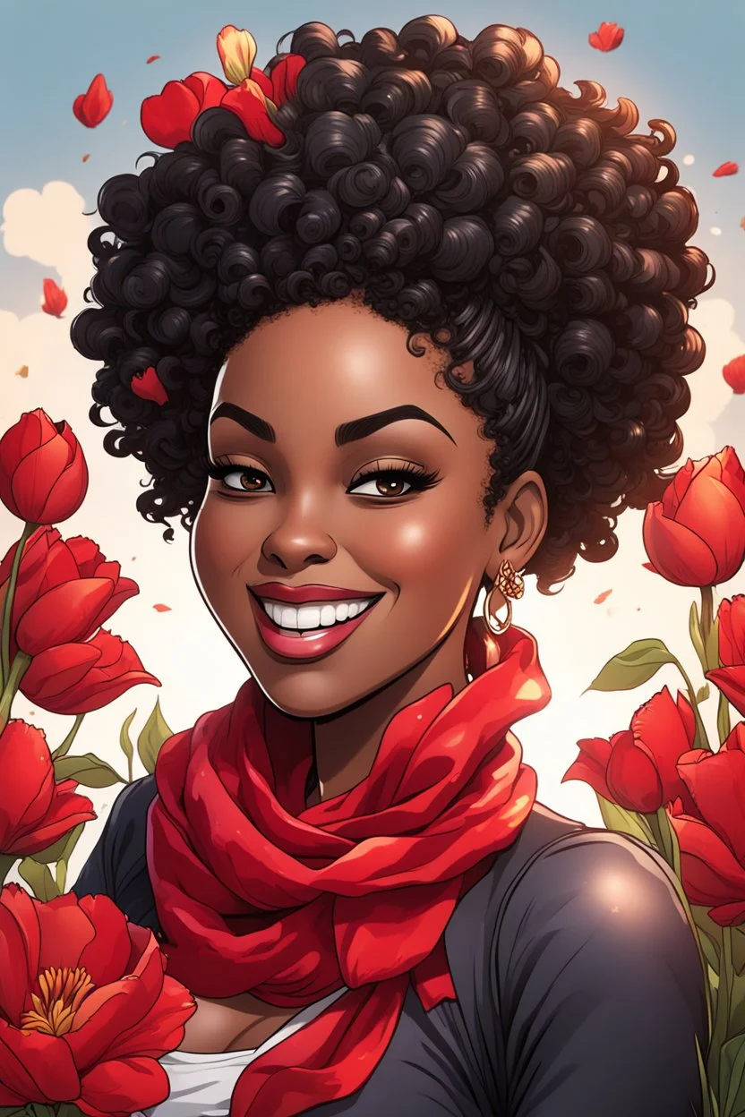 Create a comic book cartoon art style image of a curvy black female looking down with a smile on her face. Prominent makeup with hazel eyes. Highly detailed messy curly bun with a hair scarf on her head with large red tulip flowers surrounding her. 2k