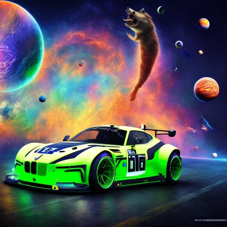 Single extremely detailed realistic sports car (Centered on image), moving on a silk road through the galaxy, symetrical, HD, 4k, 8k, neon glow, Power colors