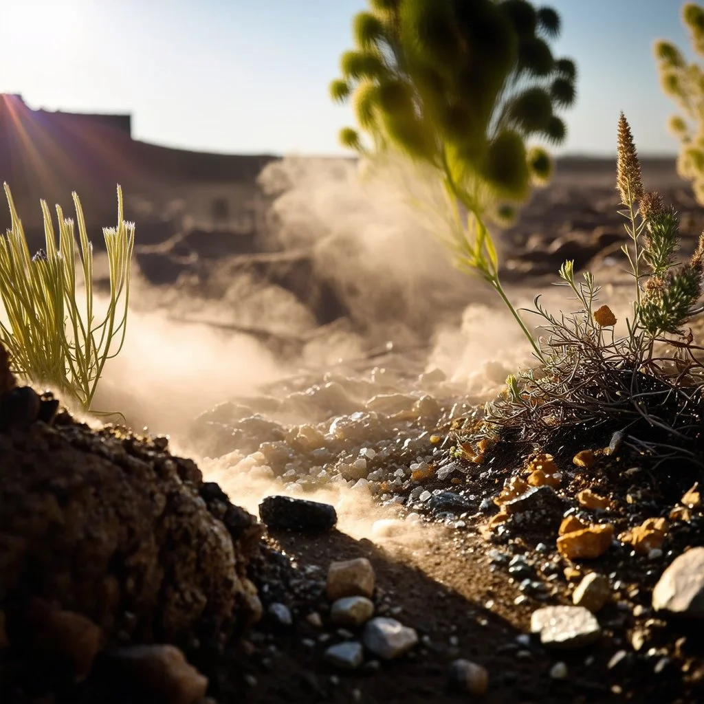 A striking quality Kodak photograph captures a wasteland with liquid and a group of plants, Amano, Audubon, creepy, details of the dust abd liquids very accentuated, glossy organic mass, adorned with minerals and rocks. Bathed in intense light, eerie, Max Ernst style, white sun, fog