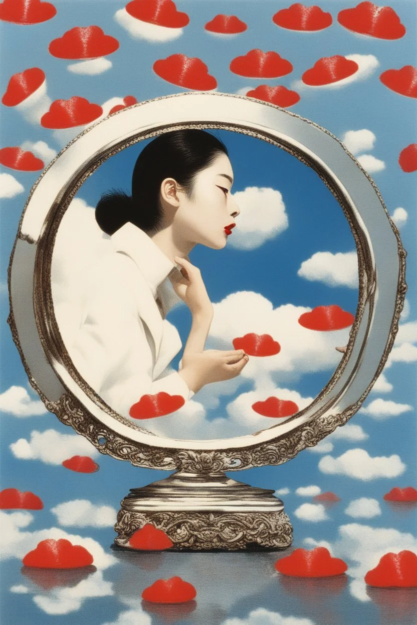 cloud in blue sky, a red lip, collage art, shuji terayama, dreamy objects, surreal, criterion collection, showa era, intricate details, mirror