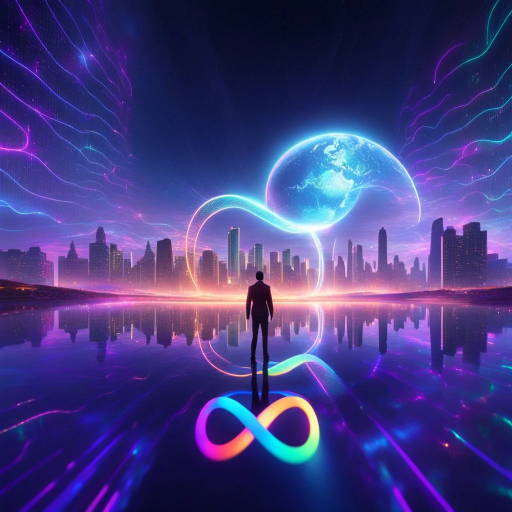 3D infinity symbol ∞, infinity figure-of-eight symbol is totally-symmetrical and brightly coloured, man silhouette facing epic scene of building, glowing earth, water, network and lights, exotic, inspiring, fantasy, neon, friendly, beautiful, octane render, 8k post-production, artstation: award-winning: atmospheric: commanding: fantastical: clarity: 16k: ultra quality: striking: brilliance: liquid medium: stunning colors: amazing depth; lens: f/8, 28mm