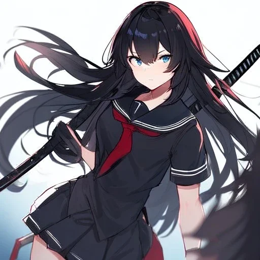 Clear focus, High resolution, long black fluffy hair, blue eyes, wearing a black sailor uniform, red tie, yandere, rough line sketch, dark aura, holding a katana