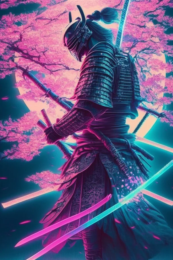 Mystical samurai emitting an aura with a long, neon sword emitting an aura