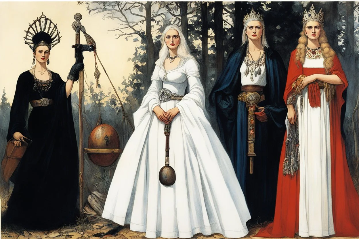 the Slavic goddess girl youthful Zorya Utrennyaya (Dawn/Morning), the Slavic goddess woman 30 years old Zorya Vechernyaya (Twilight/Evening), the Slavic goddess granny old Zorya Polunochnaya (Midnight), and the Slavic god Czernobog (terrible evil hammer) : illustration by Norman Rockwell and Helmut Newton for American Gods (2021), they stand in the slavic realm