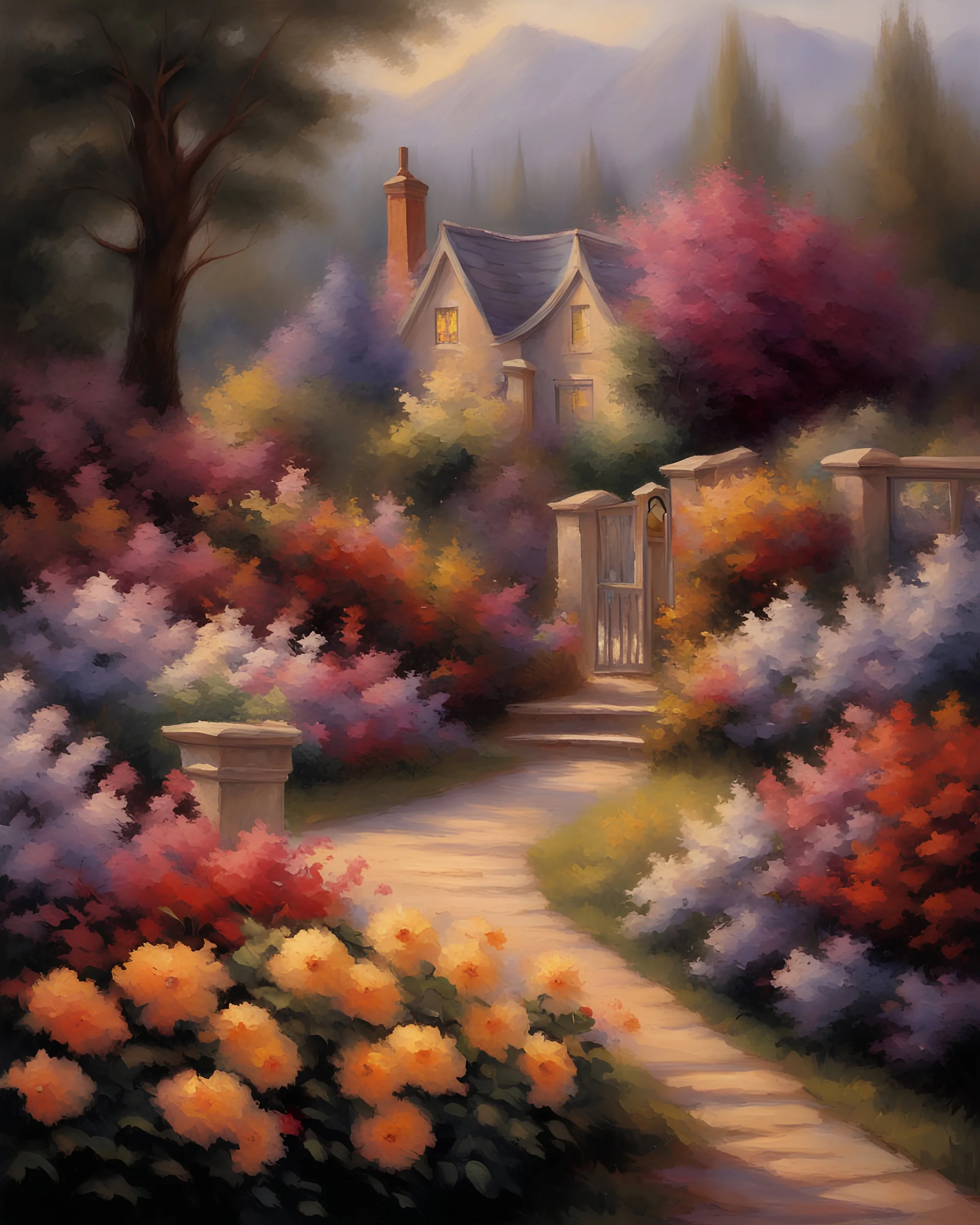 Painting of beautiful flowers, oil painting, by Thomas Kinkade, garden in background, impressionism, beautiful painting, oil painting on canvas, vibrant oil painting, flower painting, fine art, high quality
