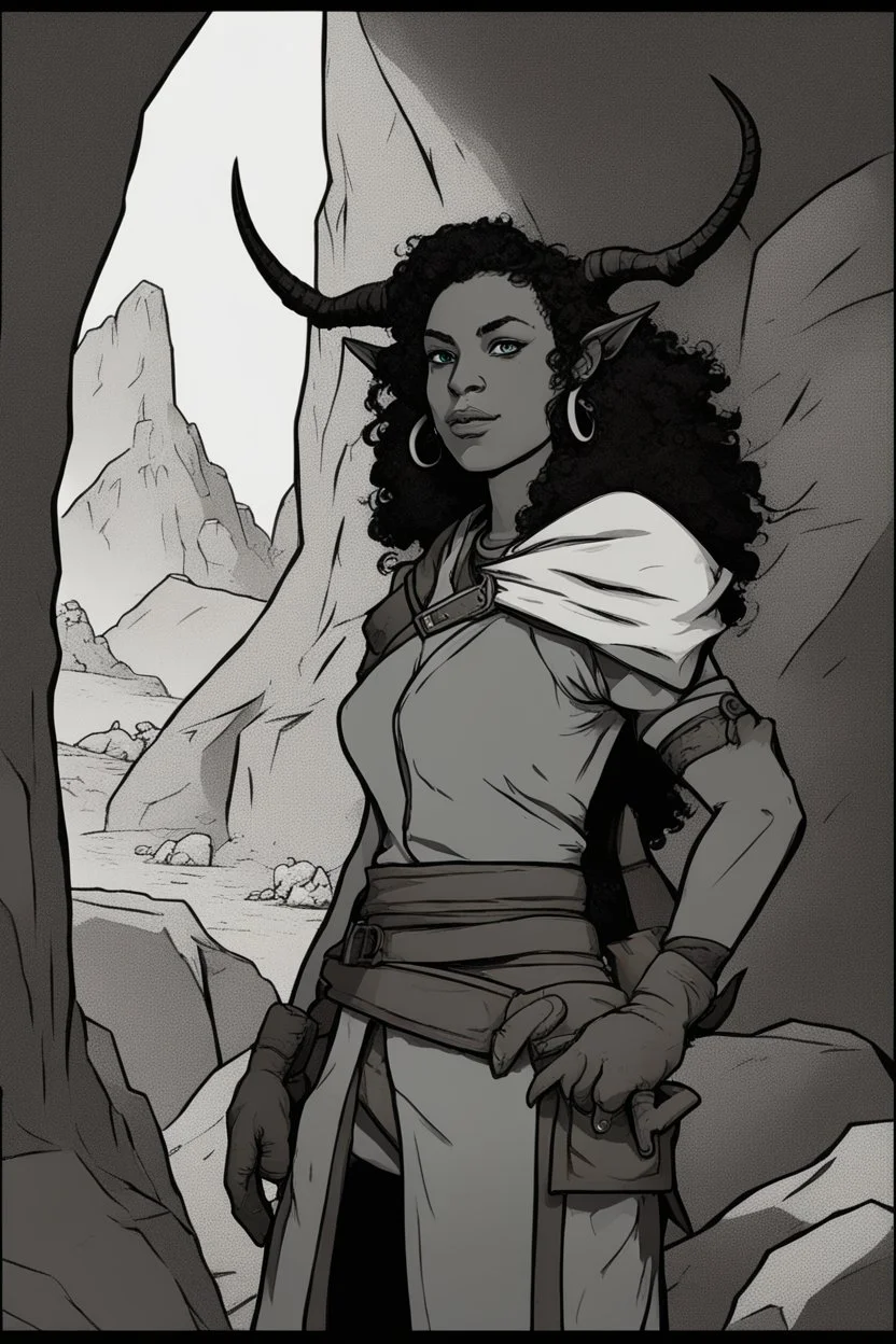 A DnD character. A female horned Tiefling ranger with pointy ears standing in a cave. The Tiefling has curly hair and a little pterosaurs on her shoulder.