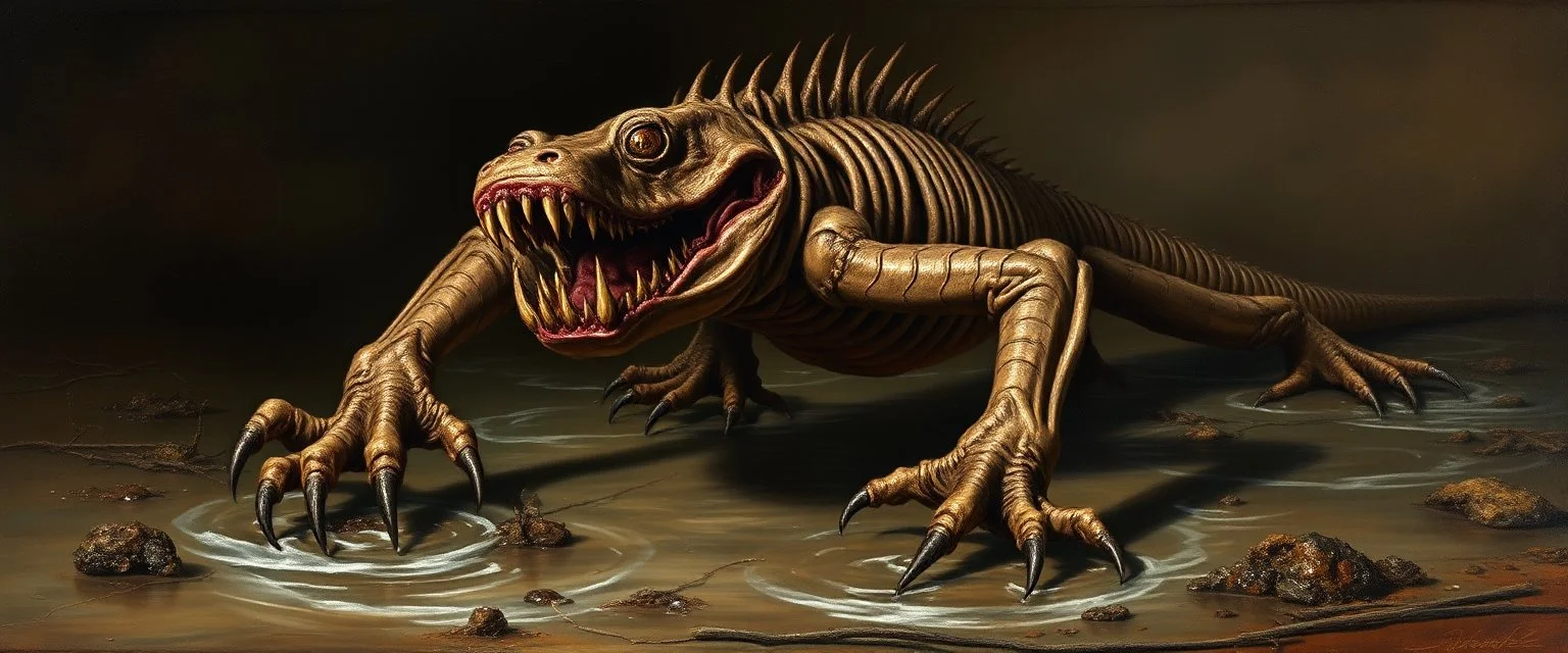 master oil painting by Rembrandt, good afternoon Shallowscourge "A twisted, amphibious predator stalking shallow waters, limbs oddly jointed, gnarled claws scraping logs and mud, a hunched, skeletal frame, teeth protruding through decayed lips, eyes glimmering with malicious intelligence, terrorizing all near the shore."