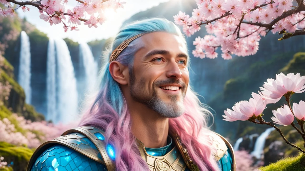 Photo realistic portrait of a gorgeous smiling skinny viking god with a golden dark shining skin, long smooth clear turquoise blue and pink white hair, blue eyes, in a sci-fi outfit with luminous strikes blowing a kiss in a hill of flowers with sakura trees, a waterfall, a crystal palace, loads of mini flowers, moss, sun rays through the branches, particles in the air at spring. Intricated details,