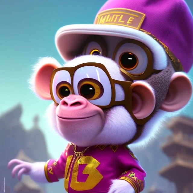 pixar style anamorphic cute monkey baby, smiling, gangsta gold neckless, full body, magenta puffer jacket, manila city backdrop, dramatic lighting, hyper-realistic, unreal engine 5, 16k. full detailed, wearing hat