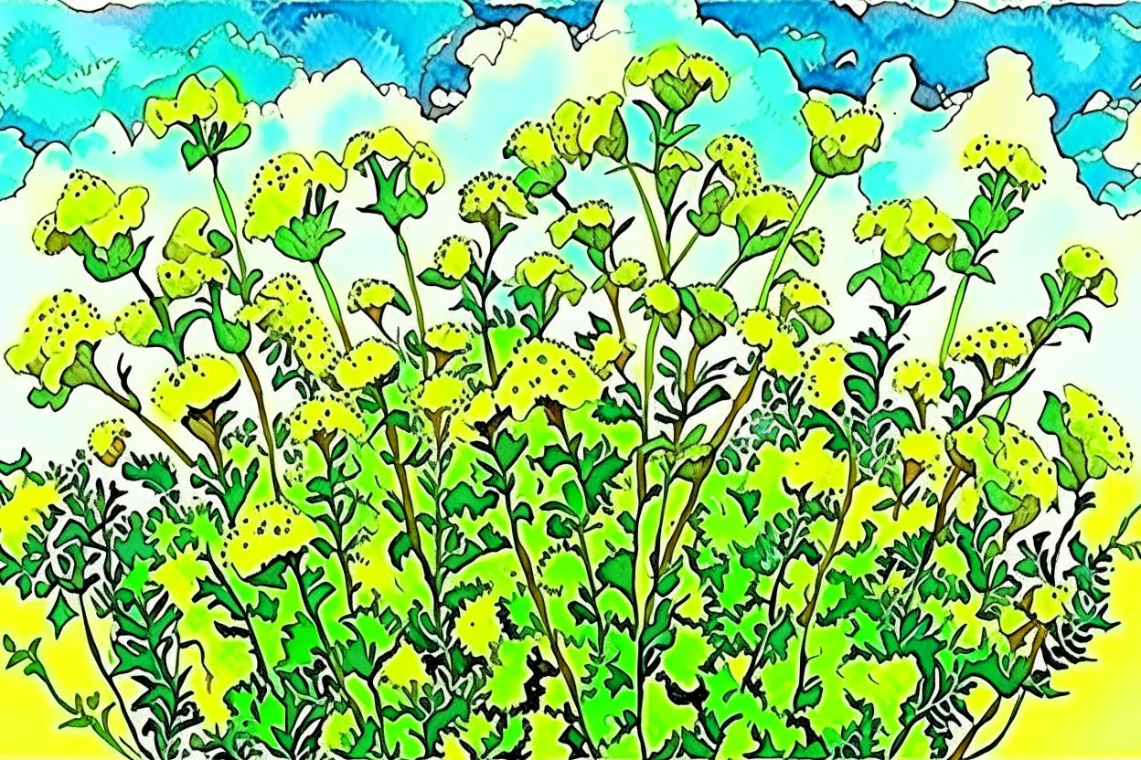 bottom half canola plants detailed, top half sky, watercolor illustration