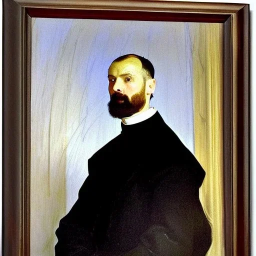 Priest, portrait, painted bye John Singer Sargent, painterly, highly detailed, close up