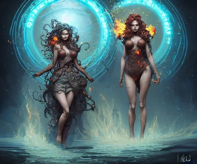 Four doll divine representing each one the four elements: Fire: Earth: Air: Water. Mark Brooks and Dan Mumford, comic book art, perfect, smooth elemental galactic space core. Detailed photograph, WLOP, Unreal Engine 5 volumetric lighting Insanely intricate face hair lashes hyper detailed painting by Ismail Inceoglu Huang Guangjian and Dan Witz Central fantasy art album cover art resolution HD