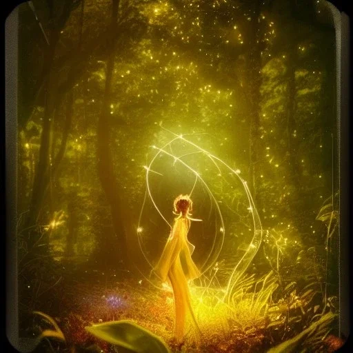 Pixies and Fairies in a garden ,glowing , free,small and big, many fairy lights inside a forest, ghostly lights, polaroid, symmetry, bioluminescence, luminescent glow, moody, tender, photorealistic, octane render, golden hour,MTG,digital painting,by Anna Dittmann