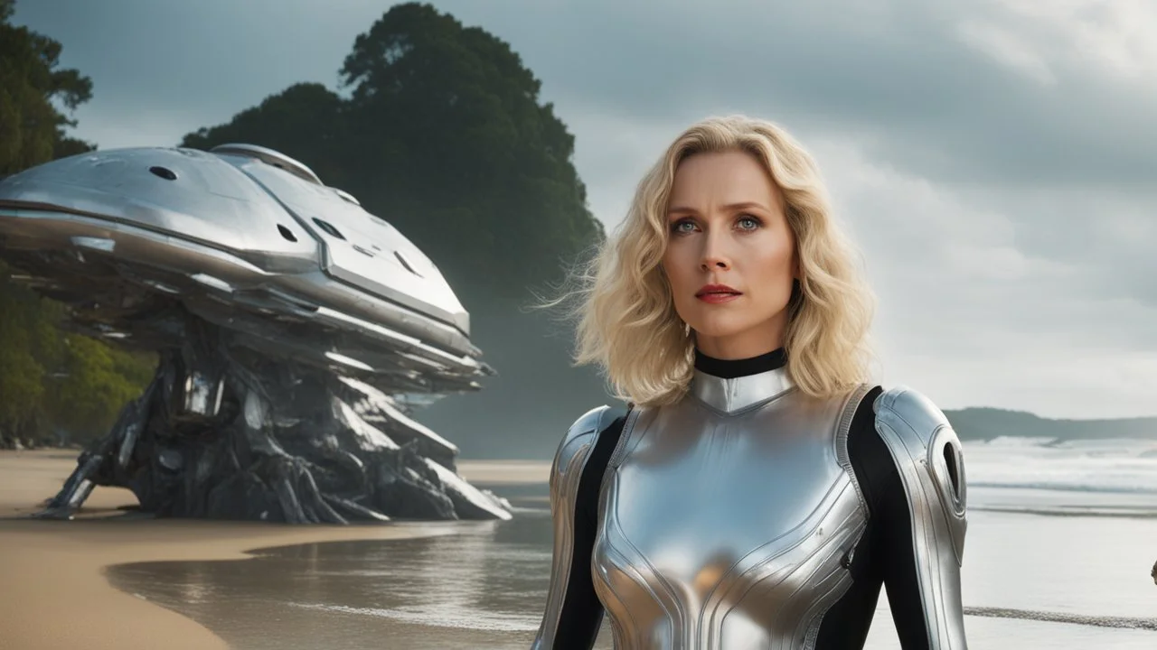 Middle-aged woman with blond hair in a robotic silver catsuit, standing on the right of a partially submerged sleek spaceship, on an alien beach, with alien trees