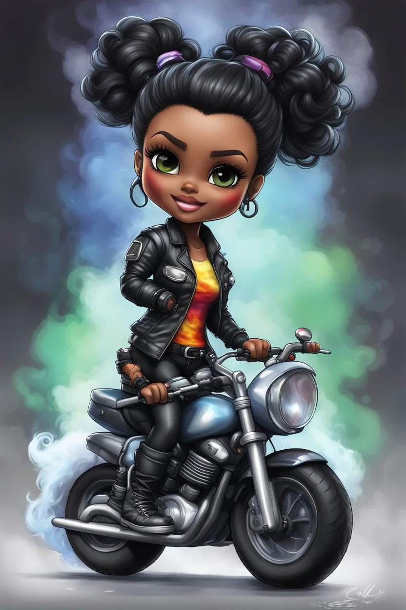 Create a digital airbrush illustration of a chibi cartoon full figure black female riding a sports motorcycle. She is wearing tie dye and black tights with biker boots. Prominent make up with log lashes and hazel eyes. Extremely highly detailed black shiny wavy hair up in a messy bun. Background of smoke surrounding her and the bike and she's at a bike show.