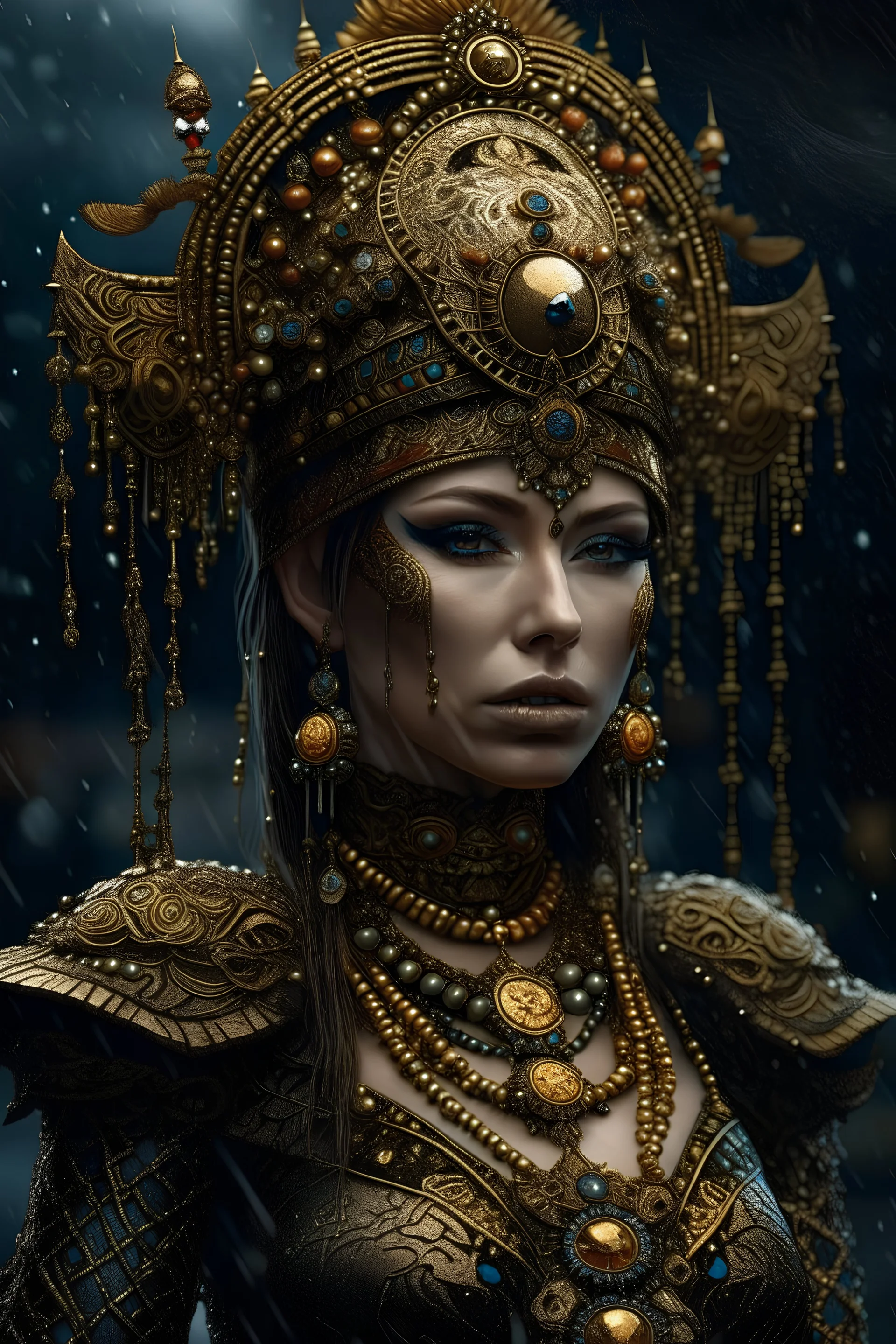 beautiful faced lady etherialism shaman, in the rainy weather, wearing etherialism filigree golden colour and copper ornate costume adorned wirh etherialism shamanism style lace, ornated textured etheral filigree and metal etherialism costume headdress organic bio spinal ribbed detaIL etheral shamanism and goth mixed style moonlight background intricate details, extremely etherial filigree maximalist portrait art