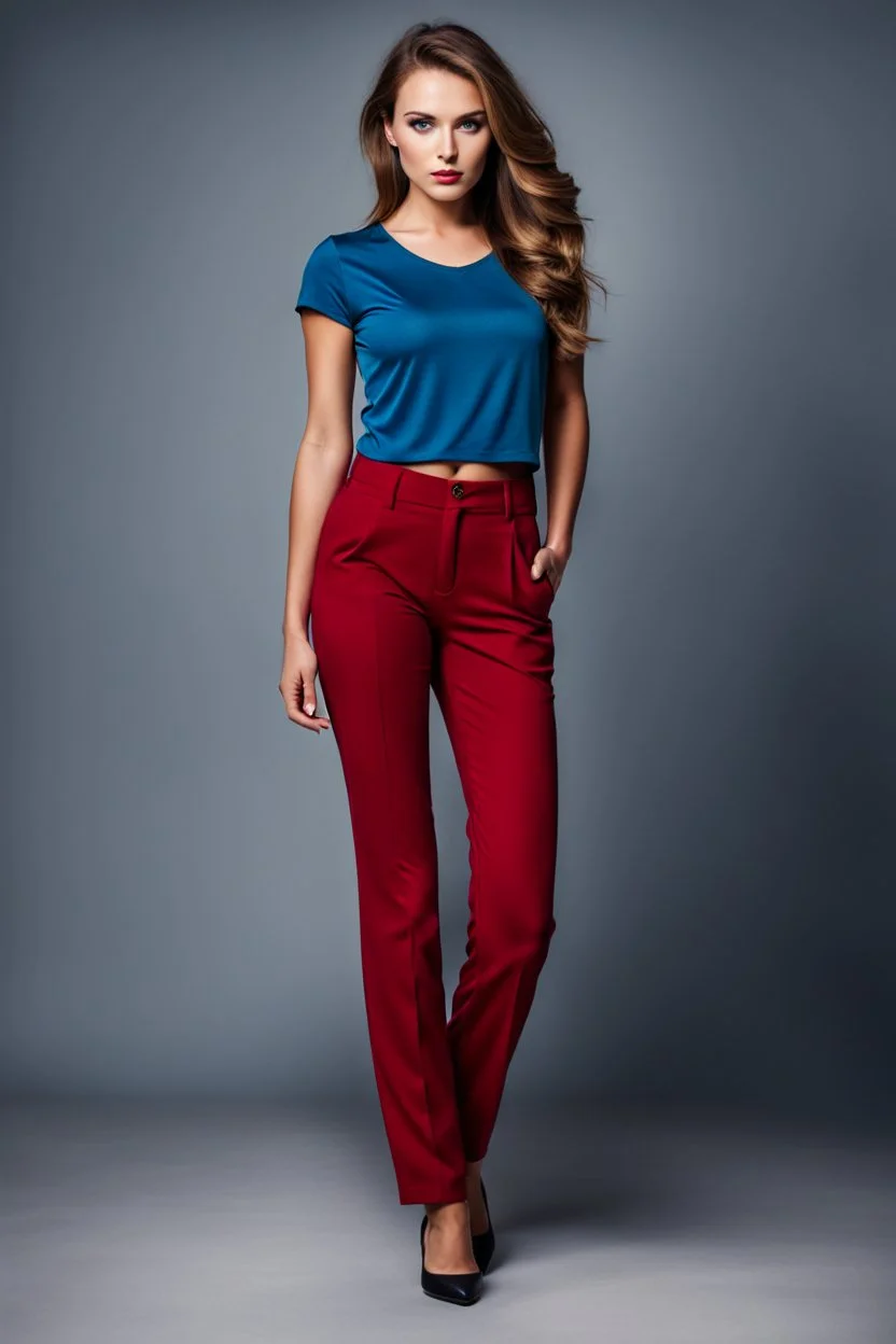 fullbody shot of young-beautiful-german girl-with-a-perfect-face-with-make-up-wearing- blue top and dark red pants standing , prophesional photography studio