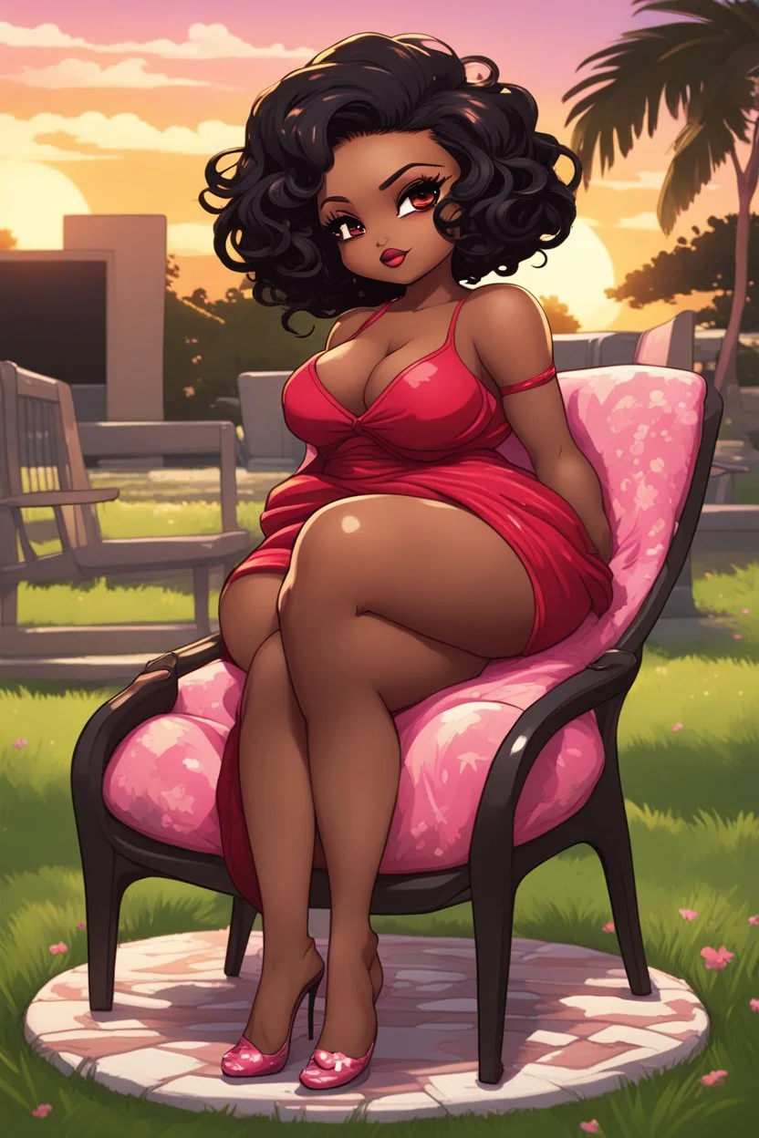 Against a background wash of golden sunset, a curvy chibi black female cartoon bombshell lounges on a lawn chair facing right. Her cascading black hair twists loosely halfway up, the rest falling around her shoulders. Dramatic makeup in sultry shades of brown and pink bring out her large, lined brown eyes. She sits sideways in a form-fitting red maxi dress, resting her rounded face on one hand as the other smooths the billowing fabric over her ample hips.