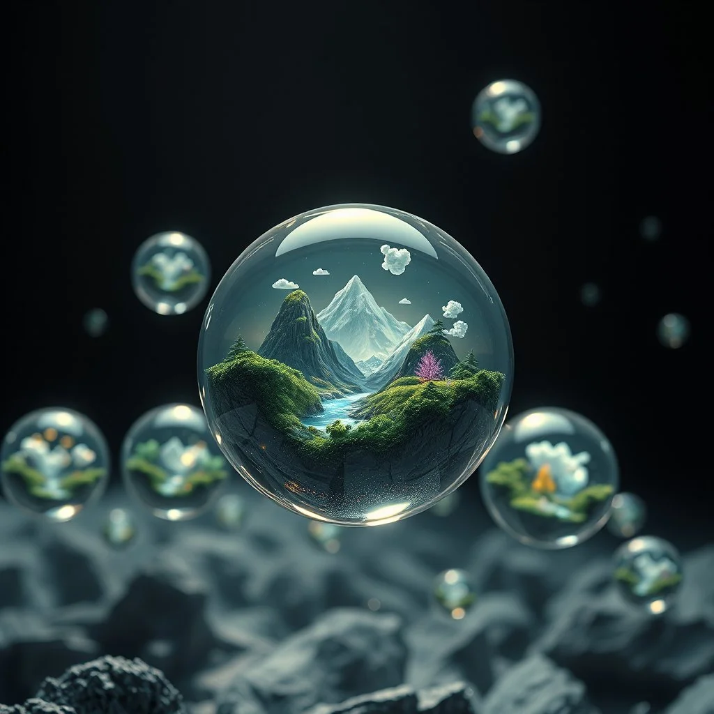Award-winning Collector-grade digital scene of floating glass-like miniature worlds suspended in dark space, each containing surreal landscapes and glowing ecosystems, macro-to-cosmic scale contrast, ultra precise reflections and refractions, high-end conceptual art style, 64k