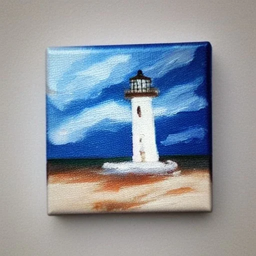 tiny oil painting of tiny lighthouse, plain white background, solid white background, tiny white canvas, tiny white frame, plain white wall, melancholy, tender, moody, vintage, delicate arrangement, beautiful composition, etsy, aesthetic layout, plain solid white background