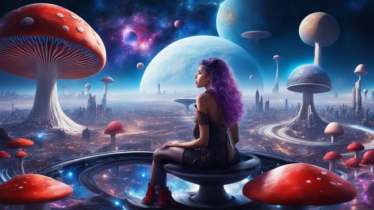 beautiful women sitting withoutt bro, on blue, red, purple mushroom in space, city of the future at the back ground planets above, space ships, hyper realistic.