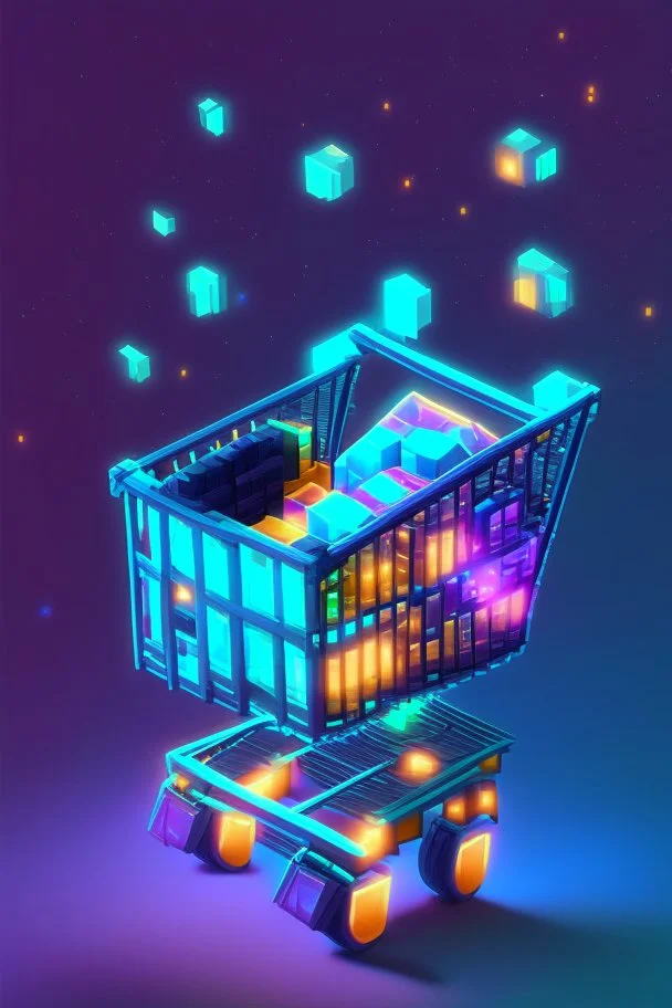 voxel shopping cart in game asset house anime cyberpunk style starry background