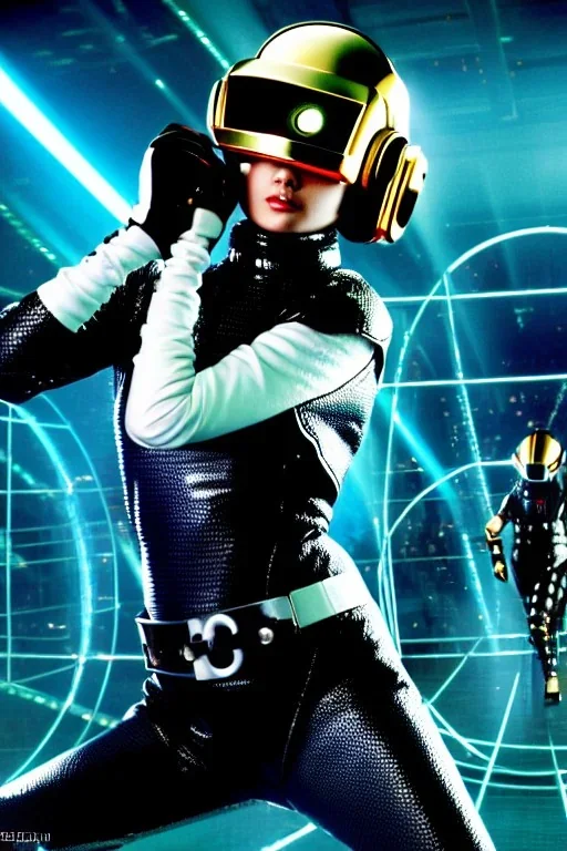 Photograph Cyber-punk girl with camera-mask, old AKG-style headphones, golden rings & disc. Fencing mask covers cheeks. Good body shape, Karate. Integrated, old-fashioned camera lenses. Ancient silver telephone attached to perfect body, trunk. 5th dimensional Escher tiling background. Daft Punk, Tron Movie. Matrix movie clothes, tippet. Black to cyan latex. Wicked sneakers. 1990's. An old AKG-microphone as mouth. Closely packed holes. Minimalistic fashion haute couture