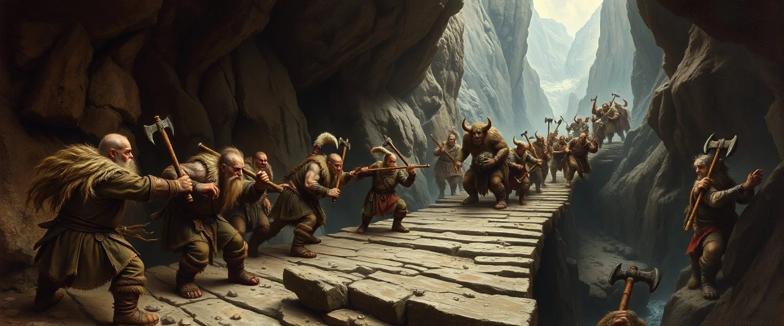 master oil painting by Rembrandt, realistic rendering wild battle on underground bridge, dwarves wielding pickaxes, orcs and mountain trolls, bugbears, bridge is kinda collapsing