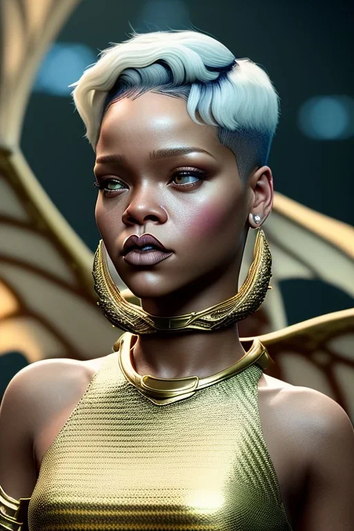 Rihanna with short hair and dragons wings wearing only dragon scales,mythical,fantasy , magnificent, majestic, highly intricate, Realistic photography, incredibly detailed, ultra high resolution, 8k, complex 3d render, cinema 4d.