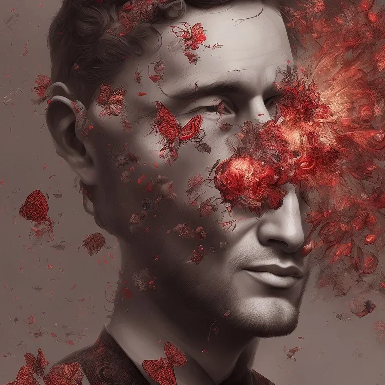 portrait of man with an exploding flower and butterflies inside his face, highly detailed black and white with red accents, digital painting.