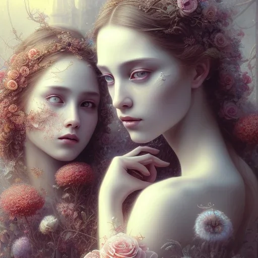 Romeo and Juliet. dramatic,romantic, muse of flowers, award winning, carne griffiths, portrait, intricate details, dynamic effects, white long hair, intricate eyes, detailed face, surreal hair, aristocratic clothes, professional ominous concept art, by artgerm and greg rutkowski, an intricate, elegant, highly detailed digital painting, concept art, smooth, sharp focus, illustration, in the style of simon stalenhag, wayne barlowe, and igor kieryluk.