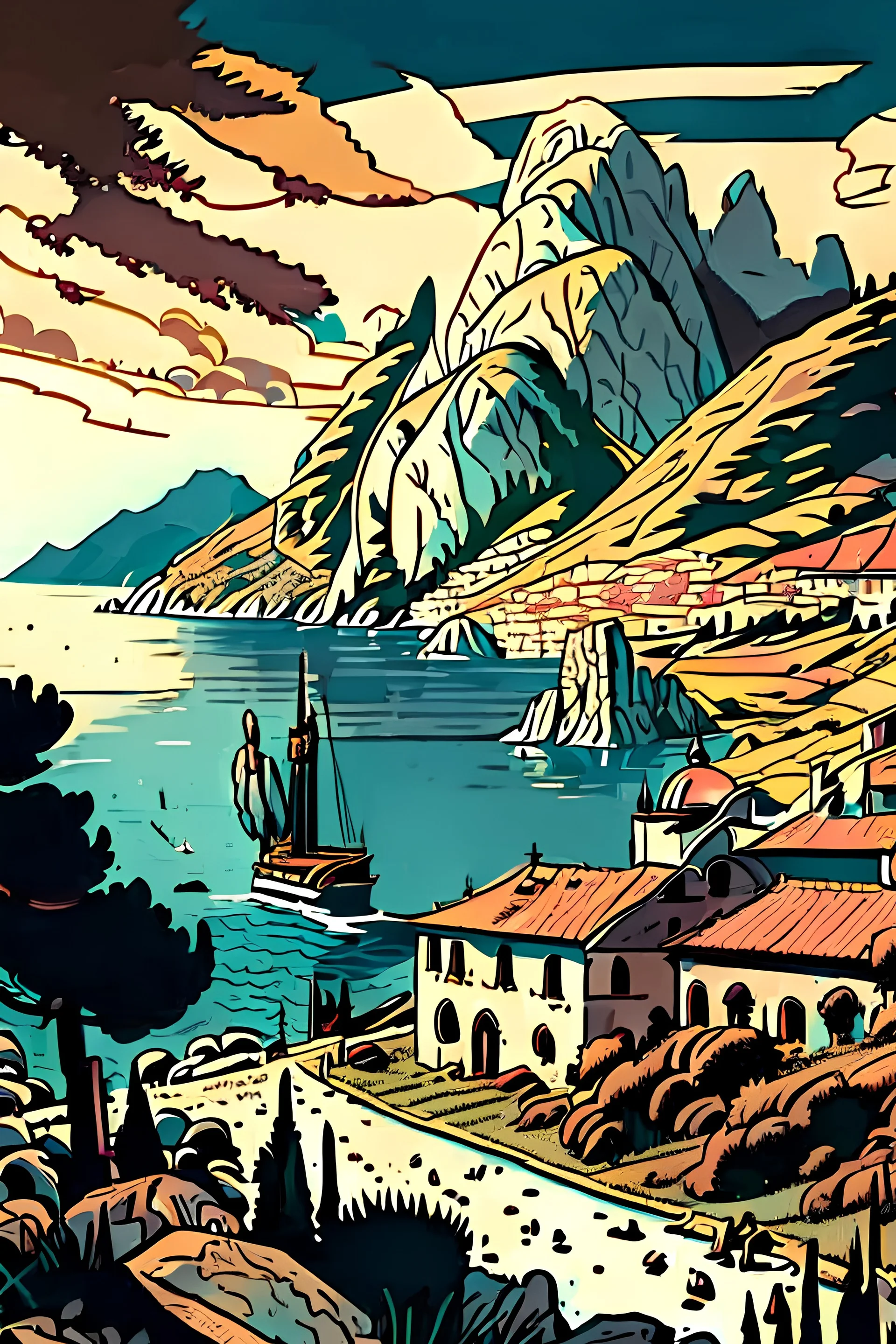 Draw the landscape of Montenegro in the style of a comic book or in the style of a vector graphic.