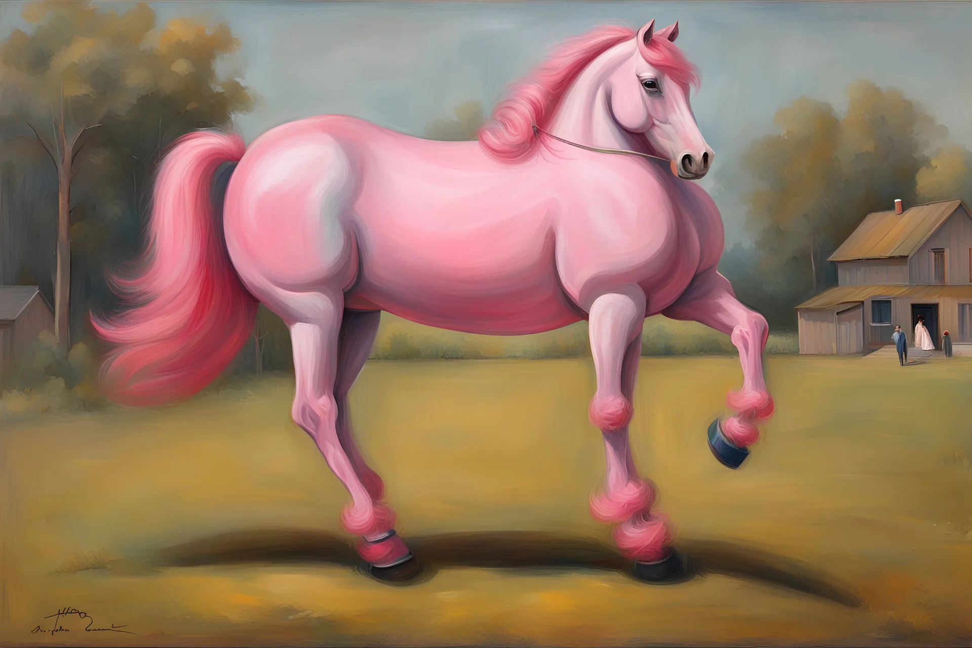 Big pink toy horse.19th painting