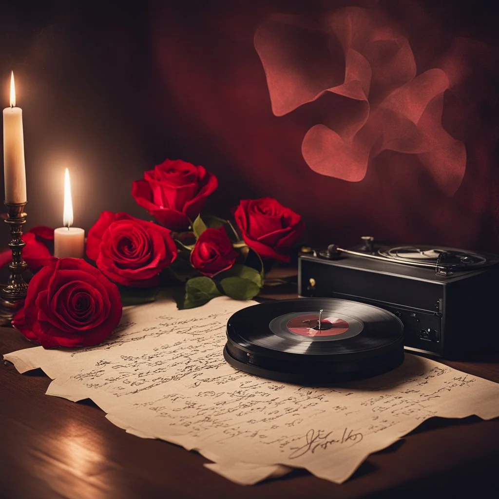 Picture this: A dimly lit room, adorned with flickering candlelight. Soft, velvety textures in shades of crimson and rose. A vintage record player gently spinning a vinyl record, filling the air with nostalgic melodies. An old love letter, delicately unfolded, revealing handwritten words that once ignited hearts. In the foreground, a solitary red rose, its petals slightly wilted, symbolizing the passage of time and the bittersweet nature of love. A sepia-toned filter adds a touch of vintage char