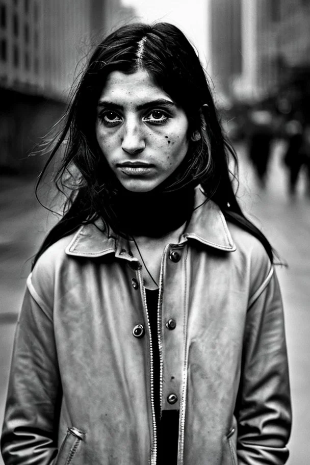 Masterpiece1:3), a captivating character portrait in the raw, visceral style of Don McCullin and Vivian Maier. Of a modern arabic model with long hair, a hopeful visionary standing amidst an urban dawn with resolute eyes wearing a / weathered leather jacket /. Emphasize street photography that captures the candid humanity and resilience of city life, bathed in the early morning's diffused light with Artistic Vision, (Sheer Artistry:1,5). Shot with a Leica M10, Ilford HP5 Plus, finest quality, 8k