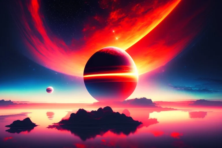 red exoplanet in the horizon, stars, stream, clouds, fantasy, sci-fi, hd