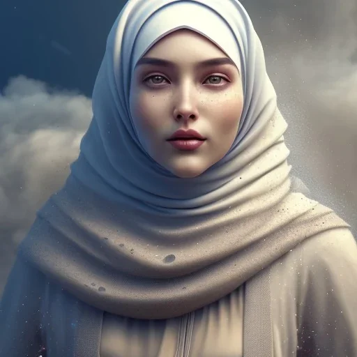 close up portrait of woman in hijab dissolving into clouds of blowing dust, fog, fine detail, highly intricate, modern surrealism painting, high-quality, volumetric lighting, 8k, ultrahd, George Grie, Marco Escobedo, Igor Morski,Brian Froud, Howard Lyon, Selina French