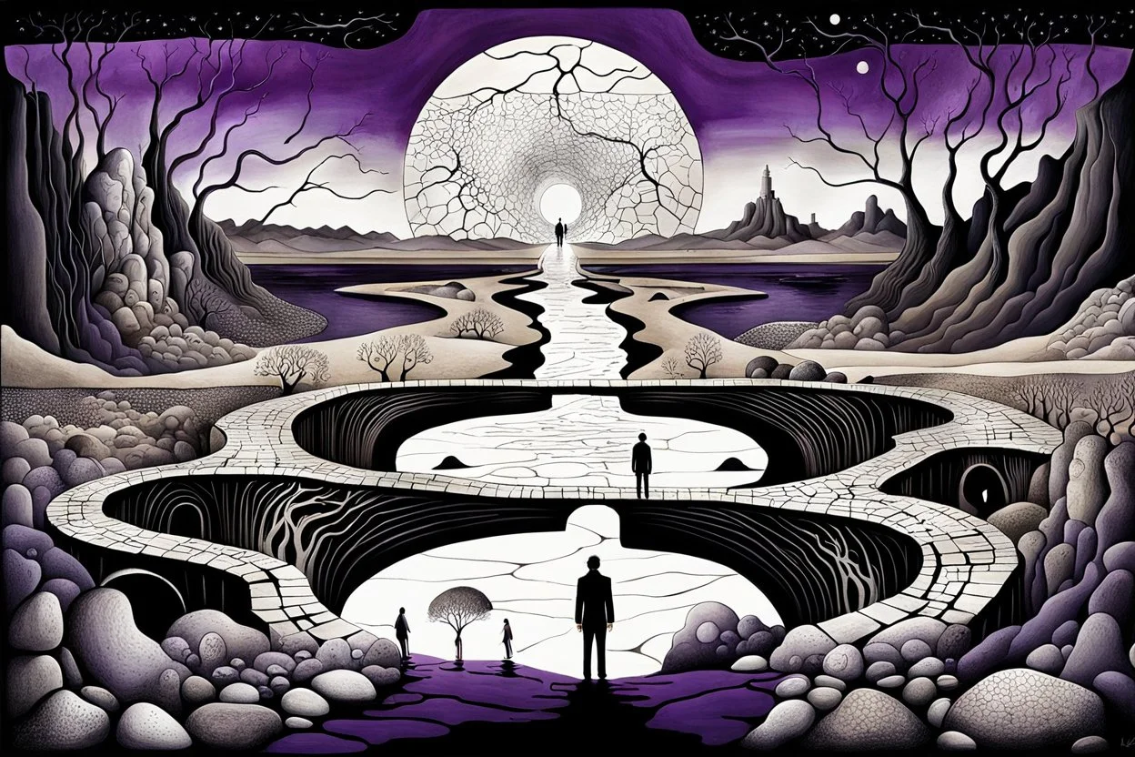 inner world , atypical world, in midle an alone human figure stands on the thin bridge with a big map his hands , weird whimsical landscape, forest, and Sahara water and rocks,, around surreal cracked painted weird land with some black doors. dark purple, gray, black, white, brown. Whimsical style of Chagall , of Minjae Lee and Anton Semenov, lonely with absurd beauty. broken, weird bizarre absurd nightmare, labirynth, dark vision, neuron network background, surreal vibe, stunning painted