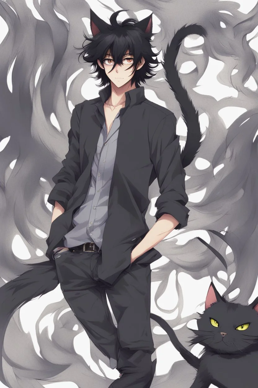 An anime man with messy black hair, large black cat ears and tail