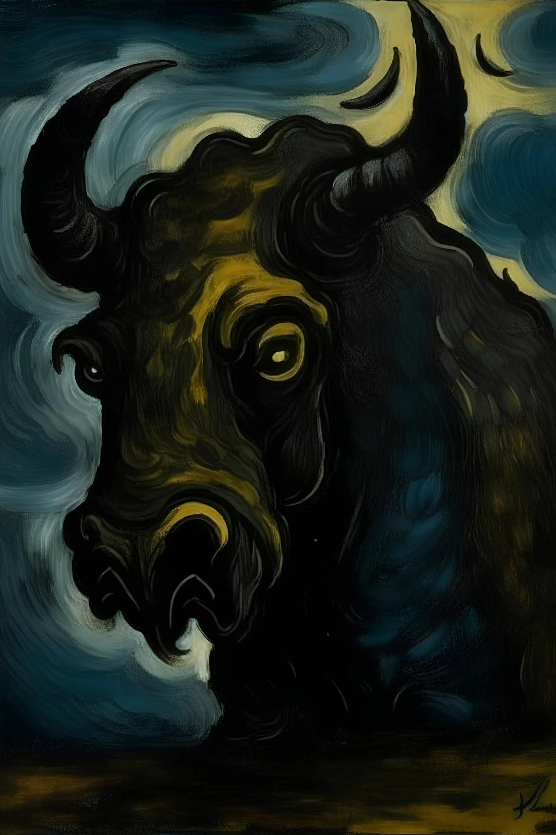 faceless monster with horns by van gogh with dark color