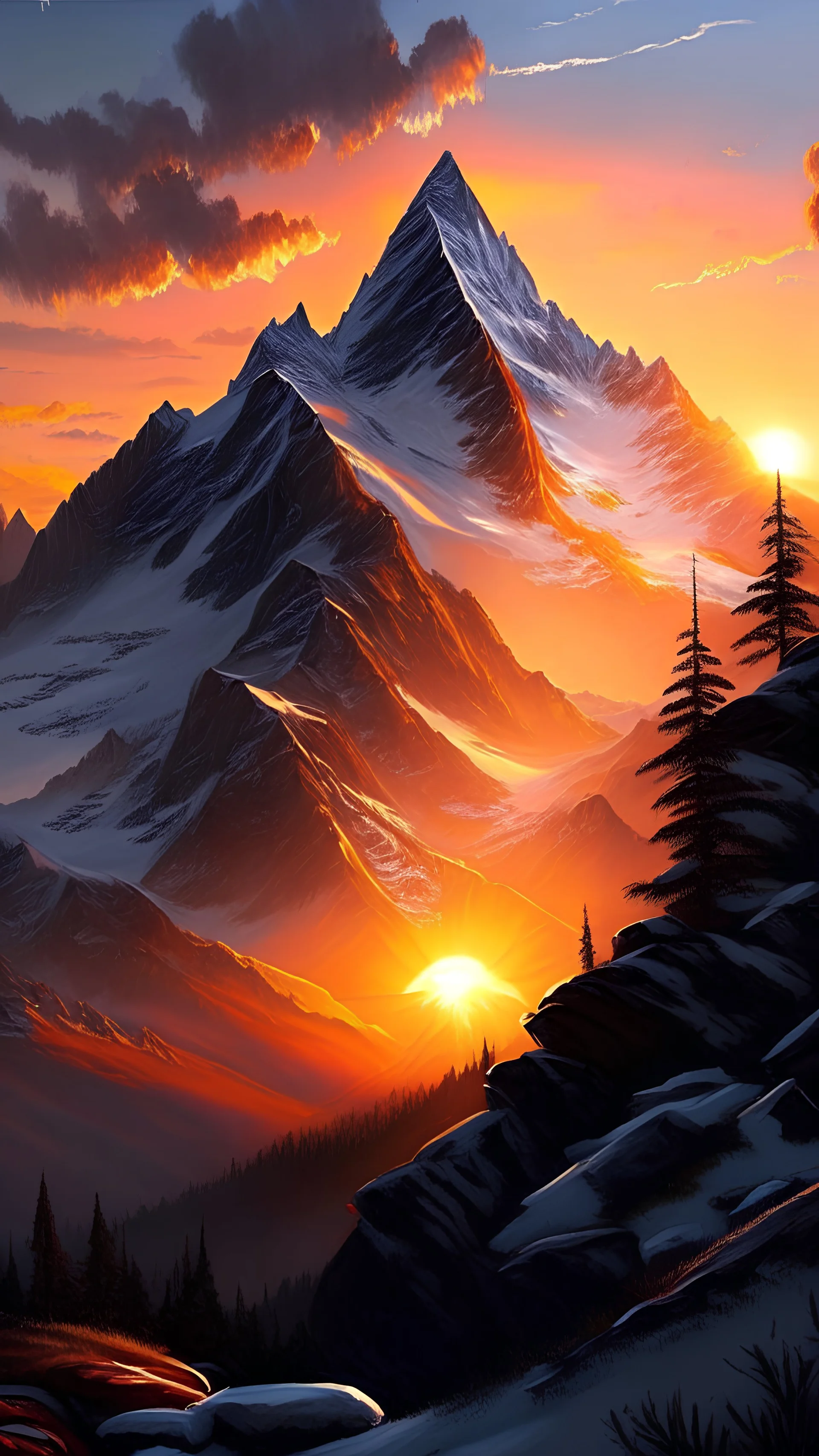 mountain sunrise, background, art, very realistic, illustrative, detailed.