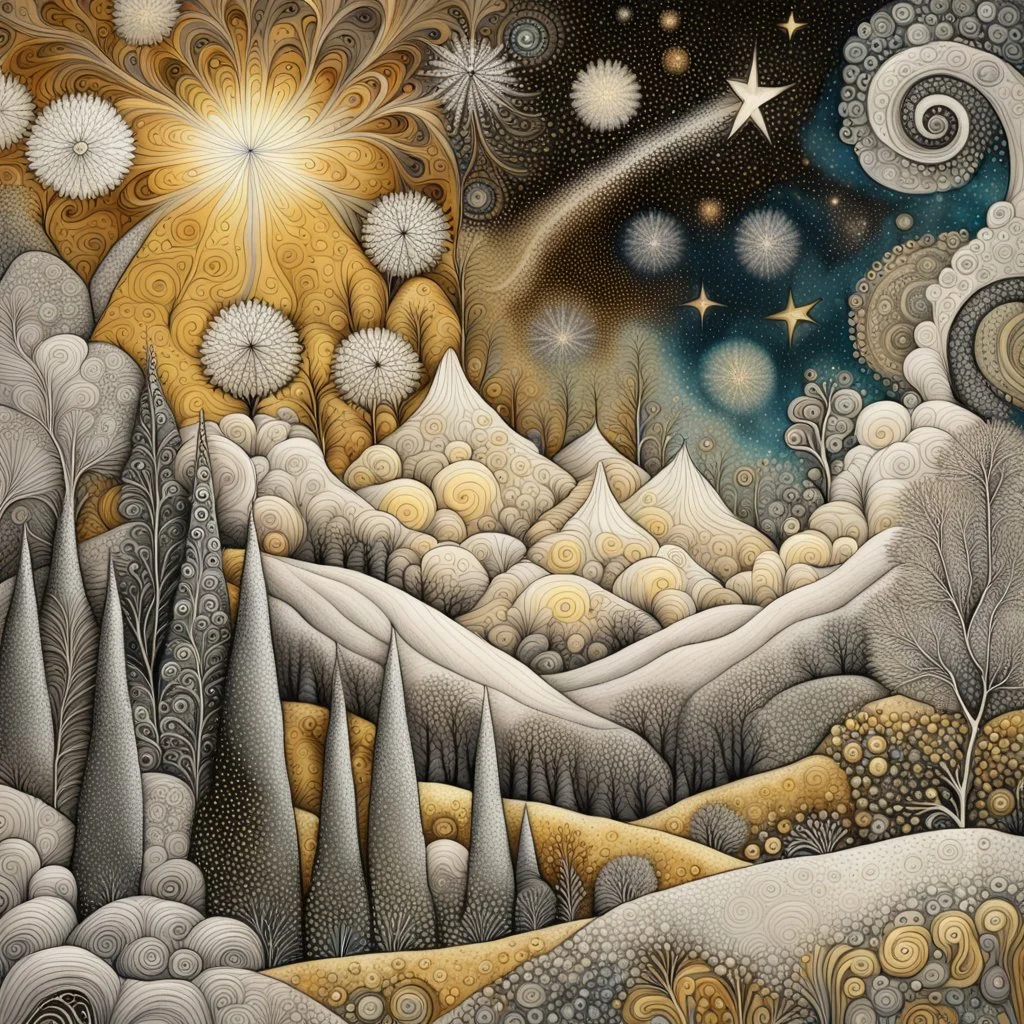 Vibrant, whimsical Mandelbrot fractal, winterly Tuscany landscape with frosted cypress trees, mountains, one single shooting star between clouds of silver and gold, richly textured acrylic ink and charcoal line art, in a zentangle style mix, blending Amanda Clark's fantastical elements and Catrin Welz-Stein's intricate details with Eyvind Earle's subtle earth tones and Georges Braque's bold geometri