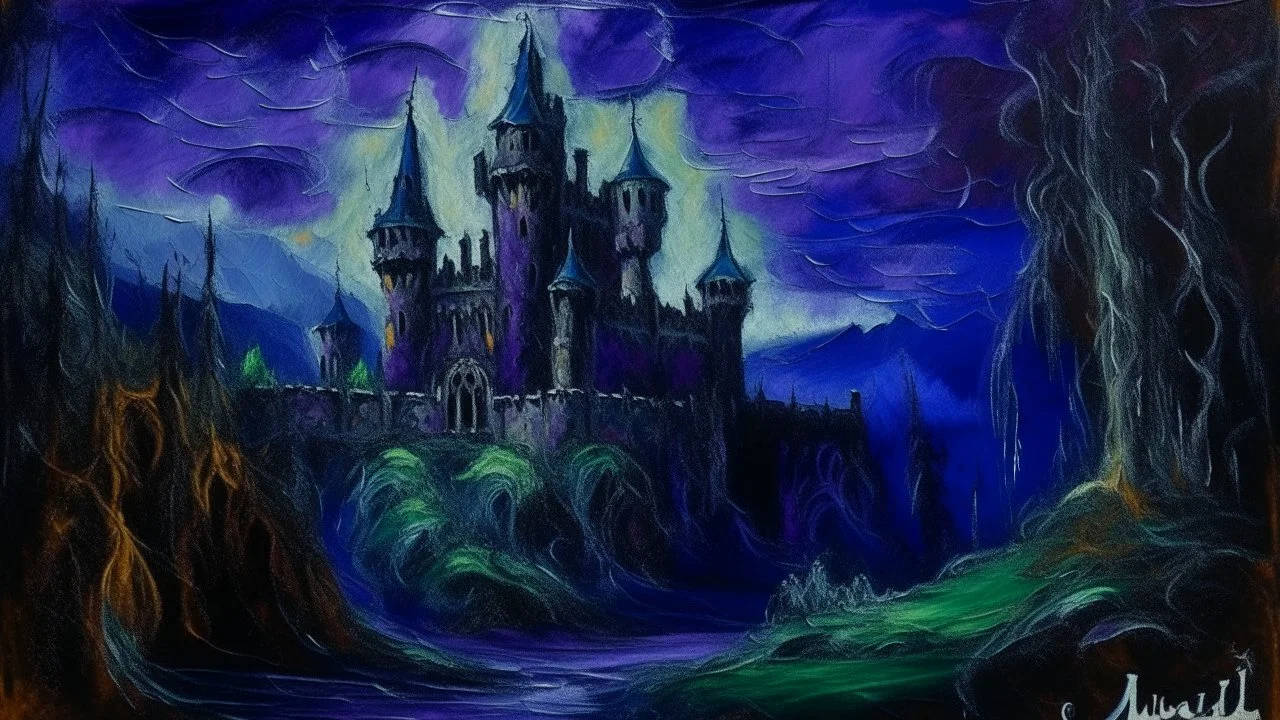 A dark purple mysterious castle with spirits painted by Claude Monet